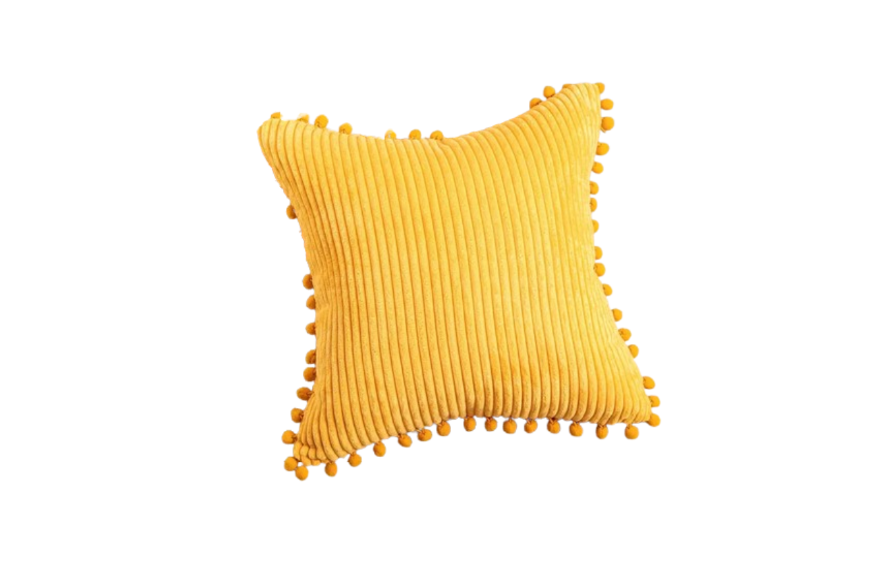 Boho Decorative Throw Pillow Covers with Pom-Poms  Pack of 2 (18X18 Inch Mustard Yellow)