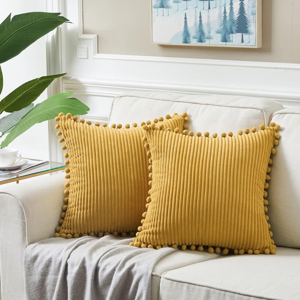 Boho Decorative Throw Pillow Covers with Pom-Poms  Pack of 2 (18X18 Inch Mustard Yellow)