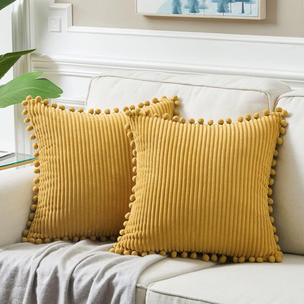 Boho Decorative Throw Pillow Covers with Pom-Poms  Pack of 2 (18X18 Inch Mustard Yellow)