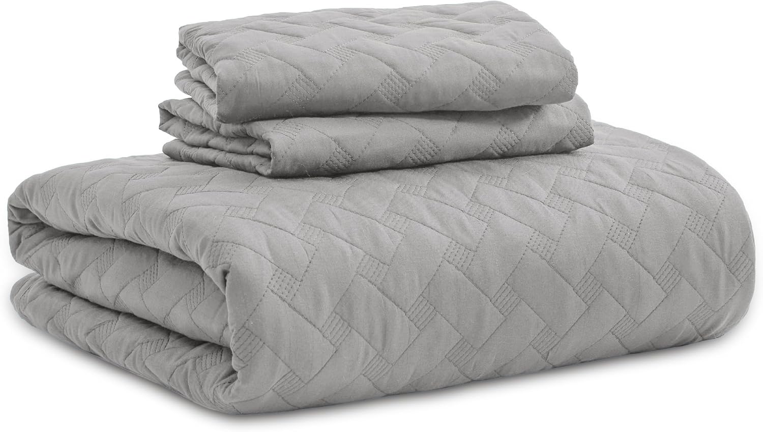 Queen Size Quilt Set – Lightweight Light Grey  Comforter with Basket Weave Pattern & 2 Pillow Shams