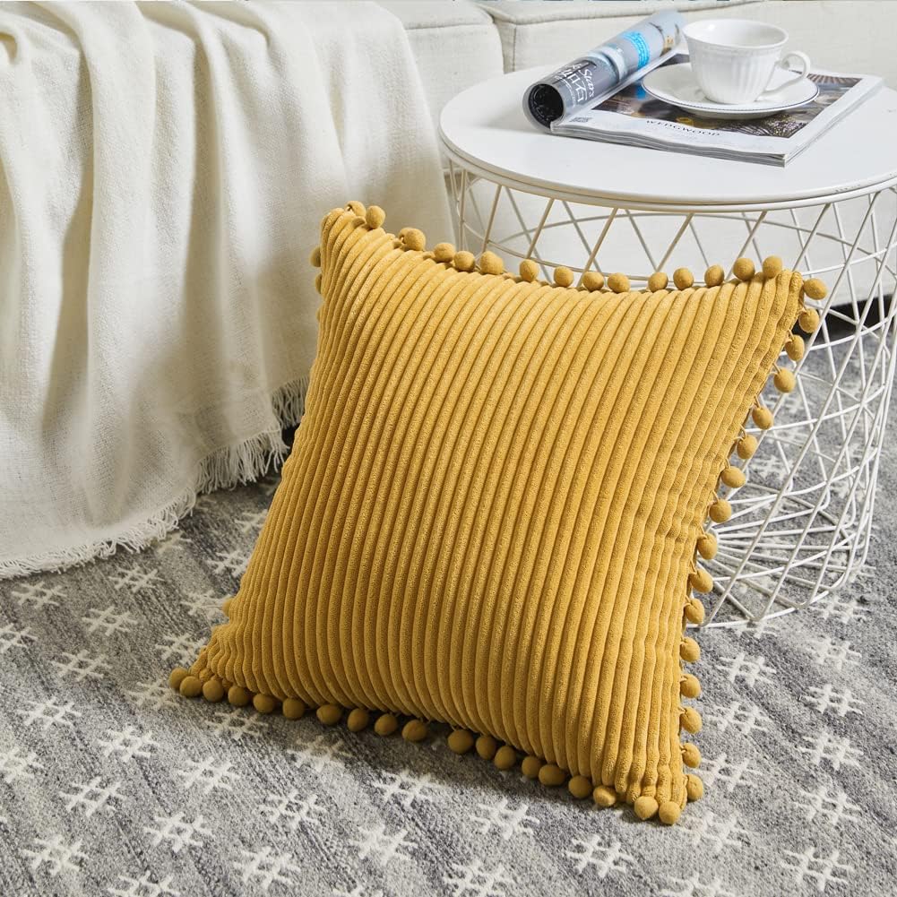 Boho Decorative Throw Pillow Covers with Pom-Poms  Pack of 2 (18X18 Inch Mustard Yellow)