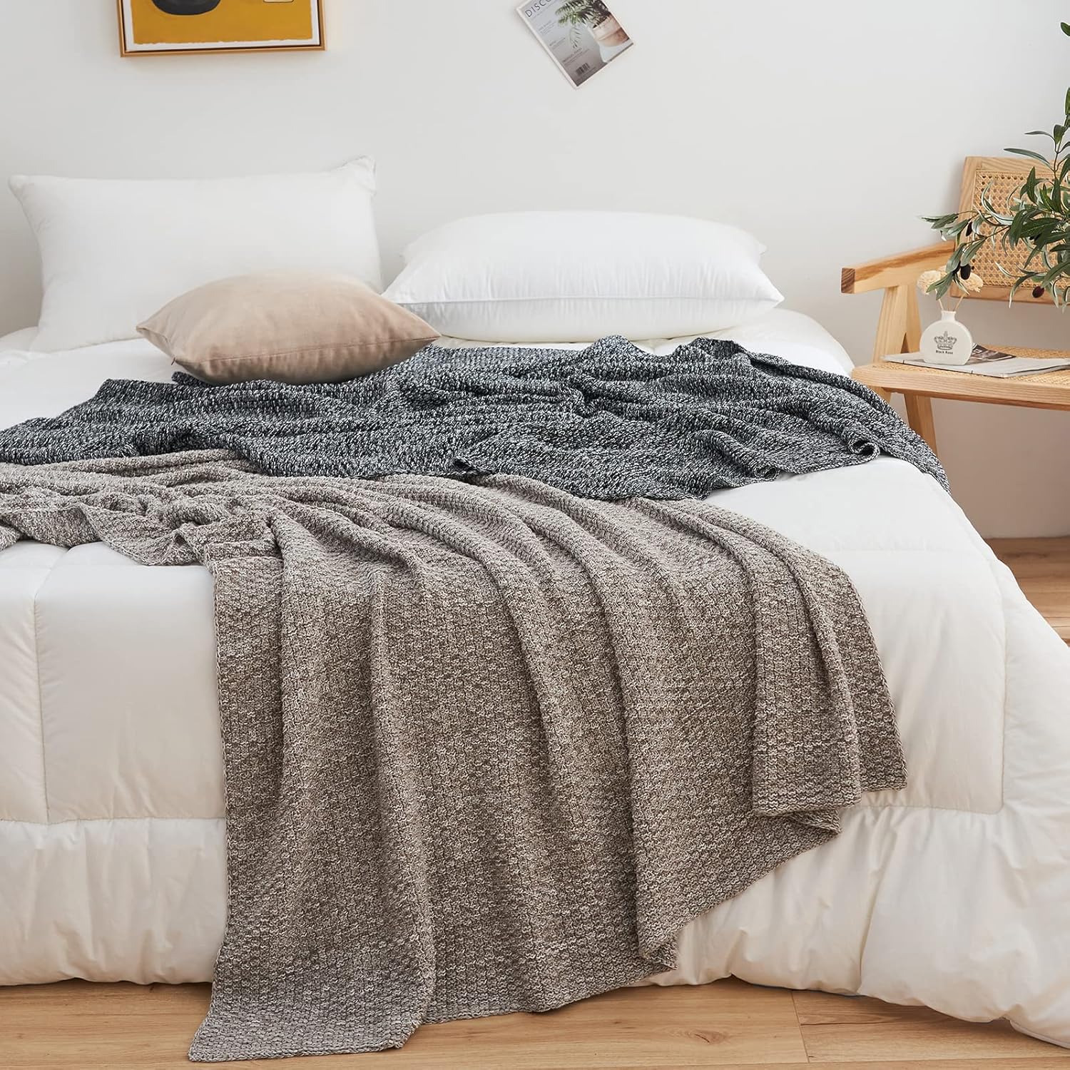 Grey and White Knitted Throw Blanket 