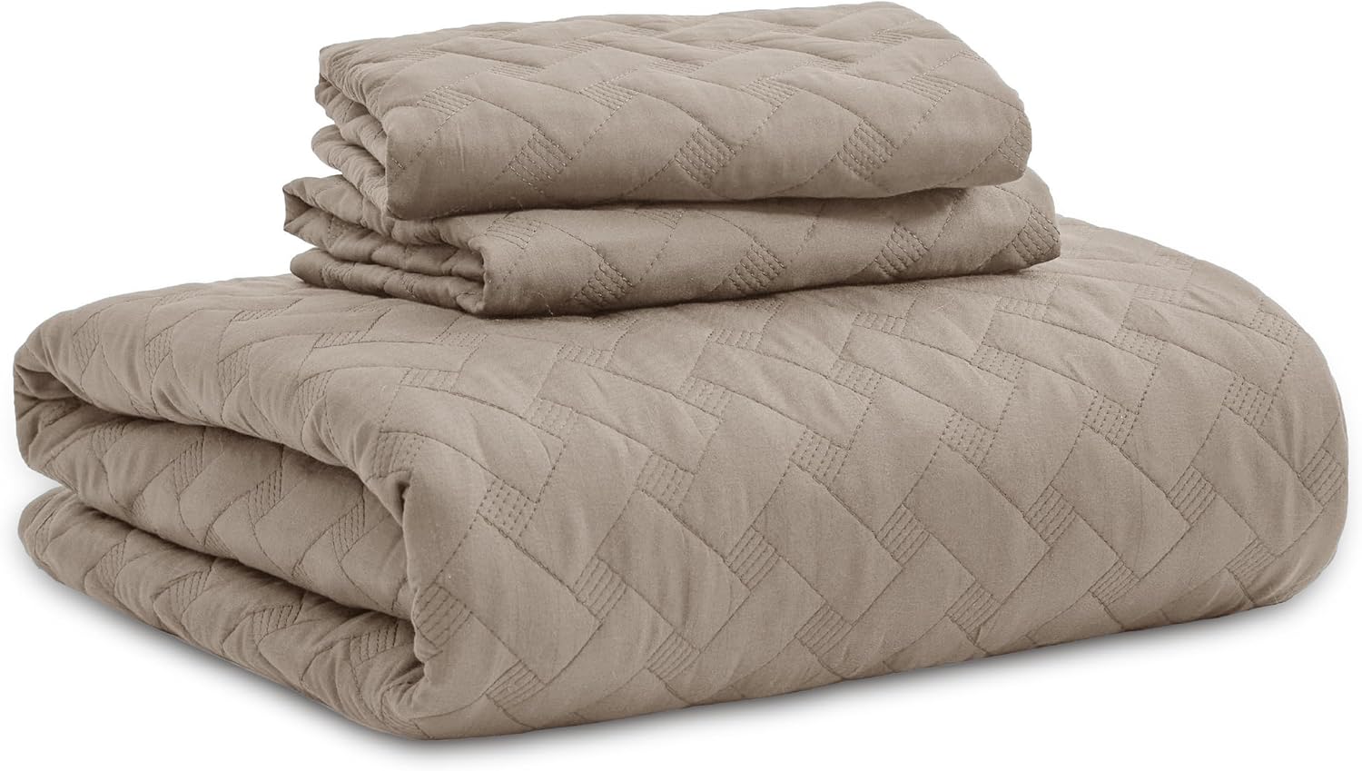 Queen Size Quilt Set – Lightweight Taupe Comforter with Basket Weave Pattern & 2 Pillow Shams