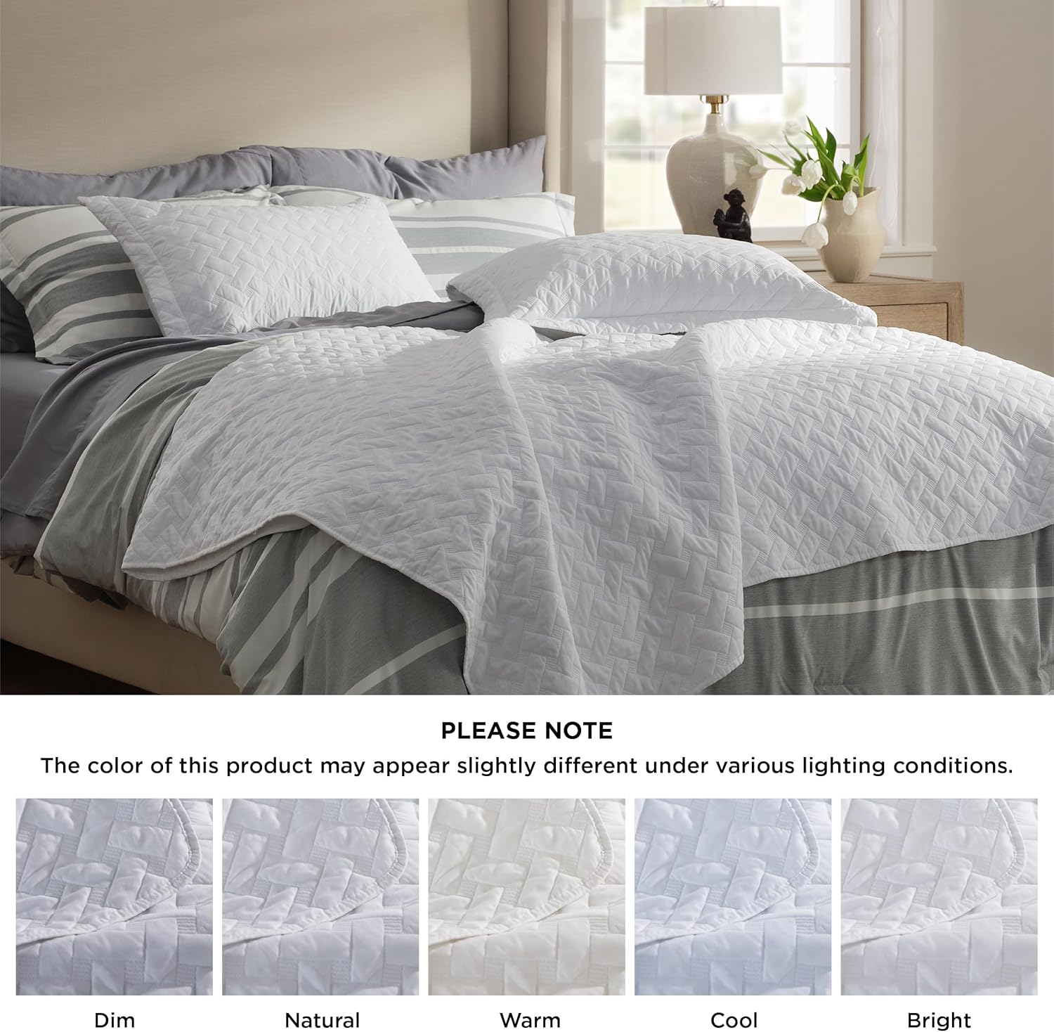 Queen Size Quilt Set – Lightweight White Comforter with Basket Weave Pattern & 2 Pillow Shams