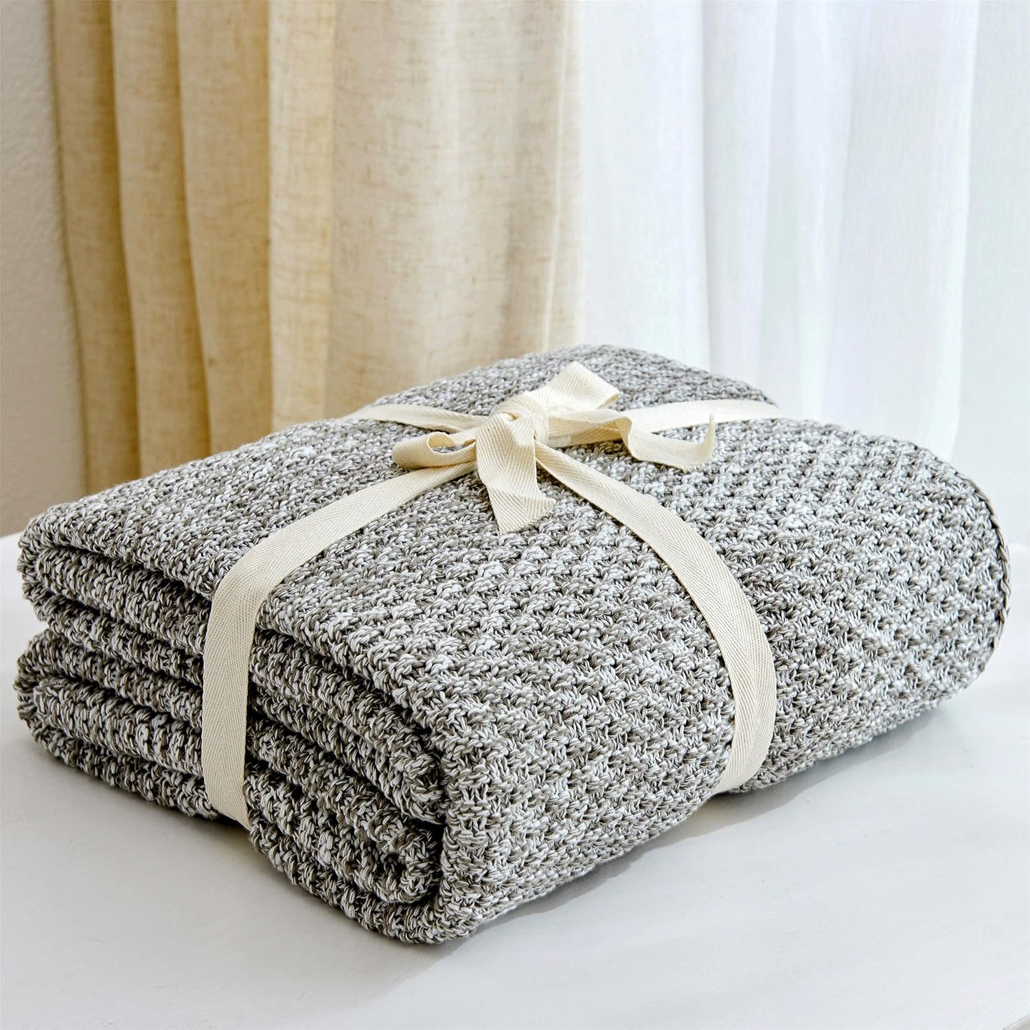 Grey and White Knitted Throw Blanket 