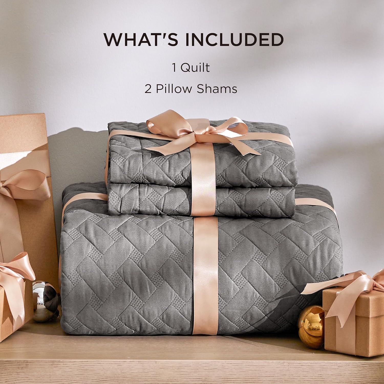 Queen Size Quilt Set – Lightweight Grey Comforter with Basket Weave Pattern & 2 Pillow Shams