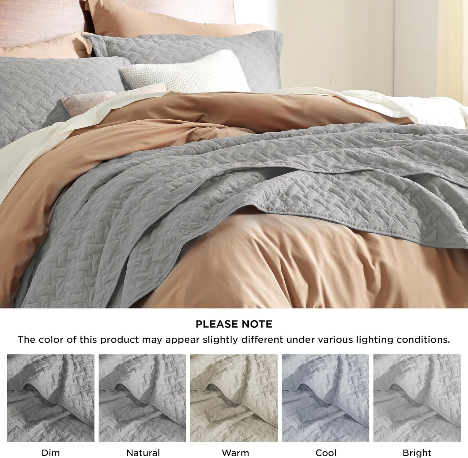 Queen Size Quilt Set – Lightweight Light Grey  Comforter with Basket Weave Pattern & 2 Pillow Shams