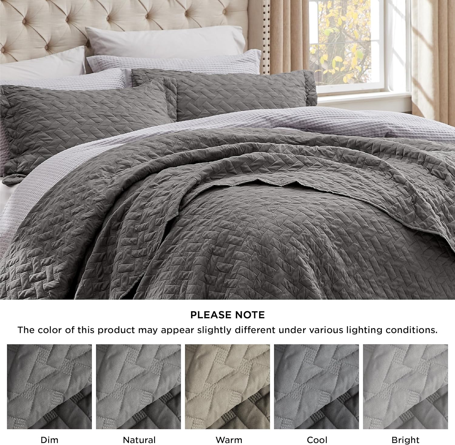 Queen Size Quilt Set – Lightweight Grey Comforter with Basket Weave Pattern & 2 Pillow Shams