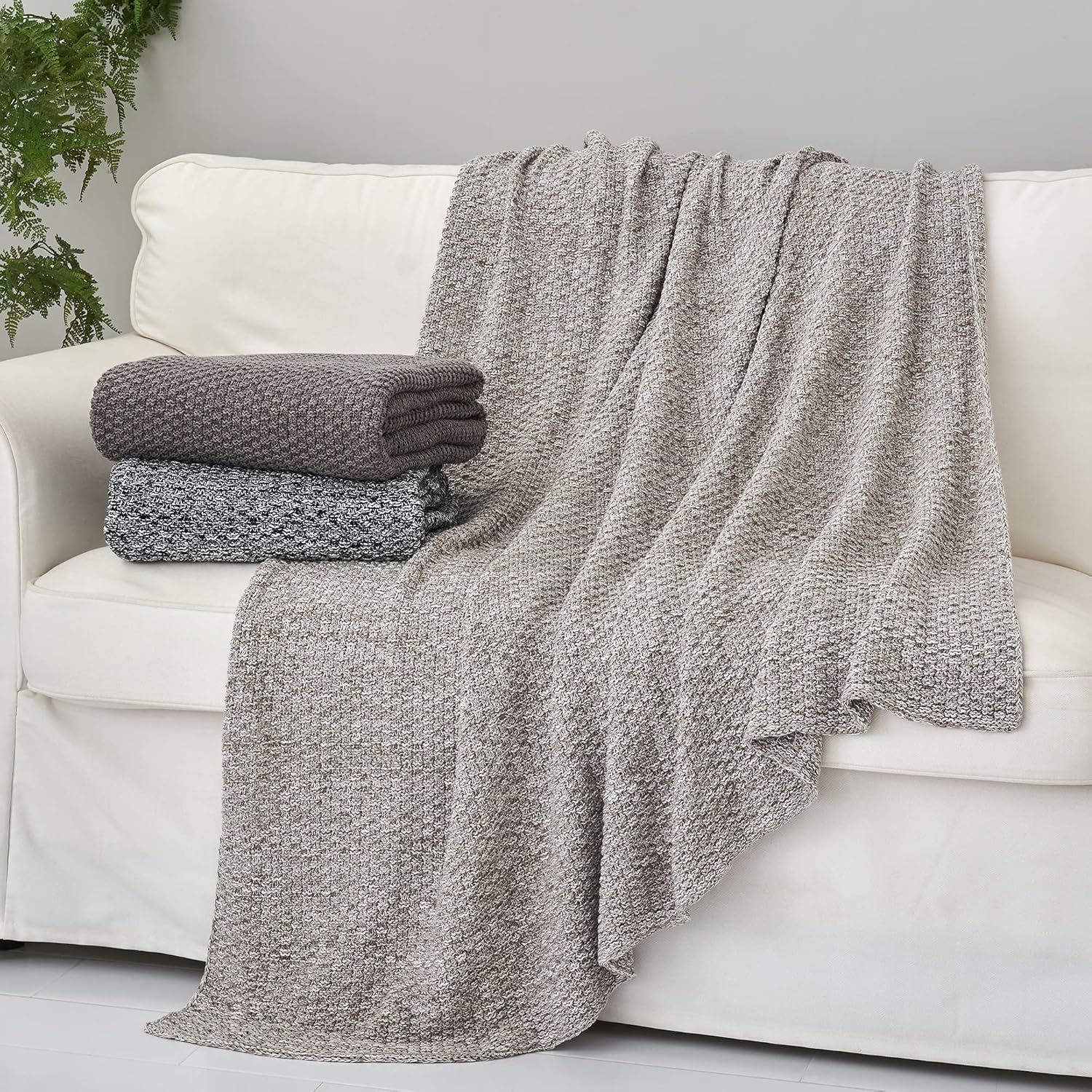 Grey and White Knitted Throw Blanket 