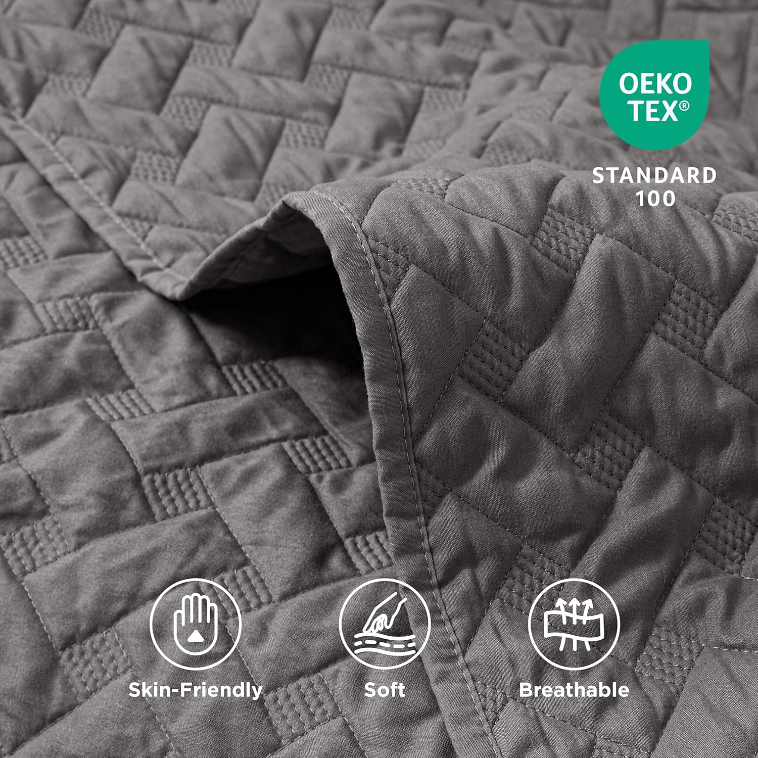 Queen Size Quilt Set – Lightweight Grey Comforter with Basket Weave Pattern & 2 Pillow Shams