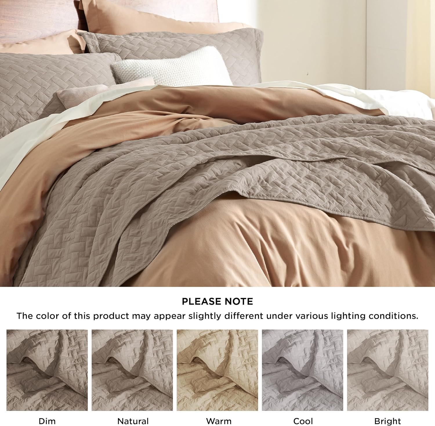 Queen Size Quilt Set – Lightweight Taupe Comforter with Basket Weave Pattern & 2 Pillow Shams