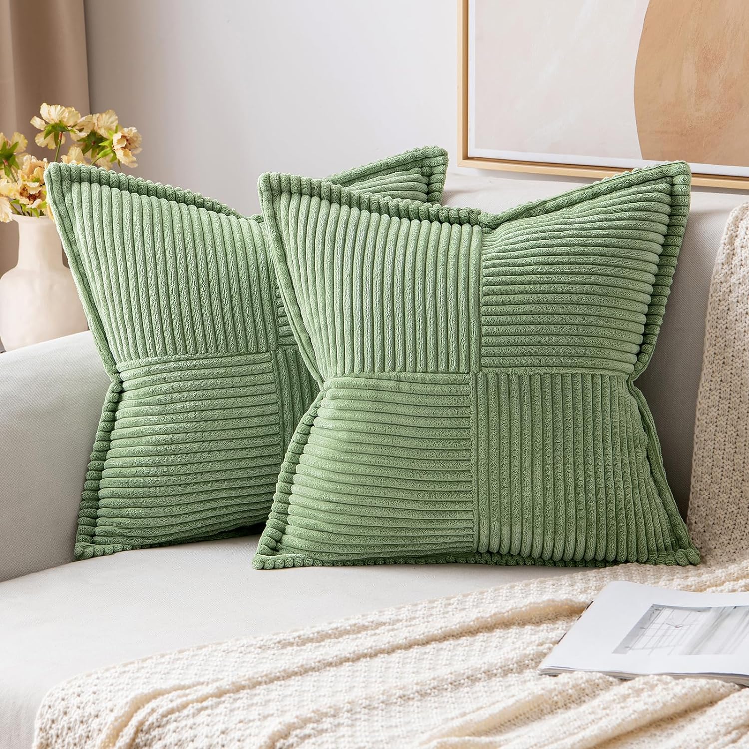 Pillow Covers with Splicing Super Soft 18X18 inch  Sage Green (Set of 2) 